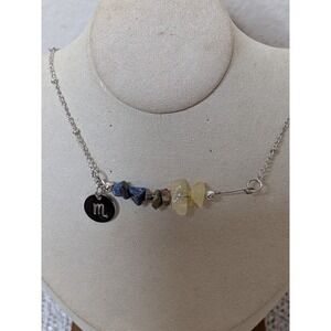 Letter M and Gemstone Charm Necklace Silver Tone